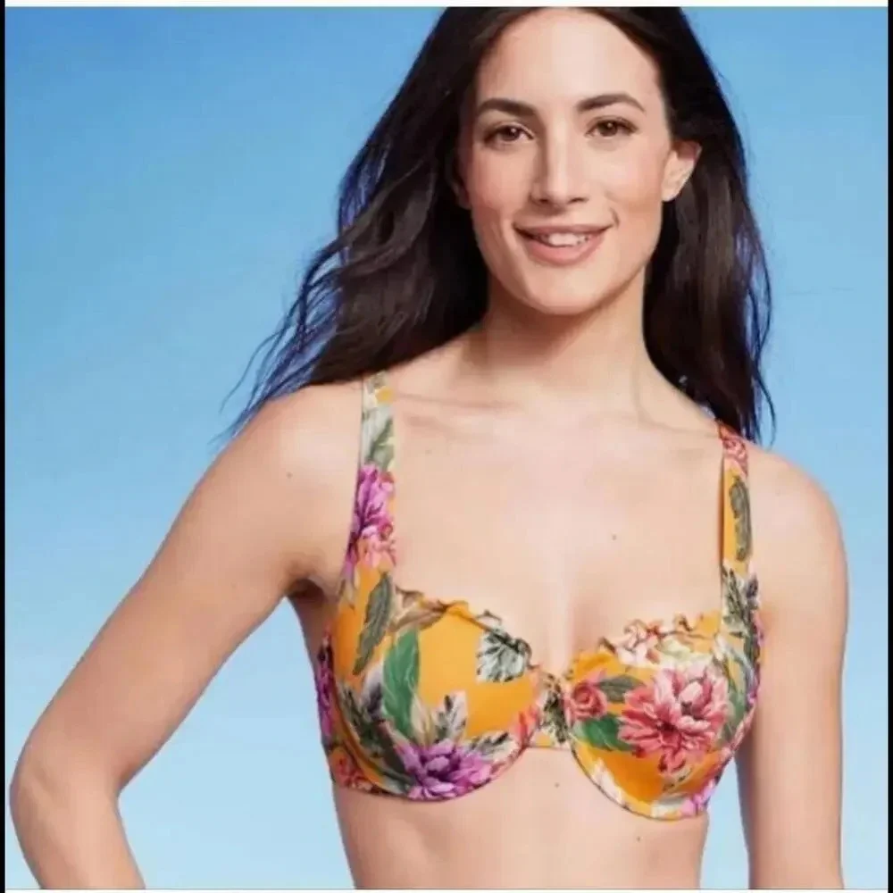 NWT Shade & Shore Women's Ruffle Underwire Bikini Top 36B Orange Green Floral